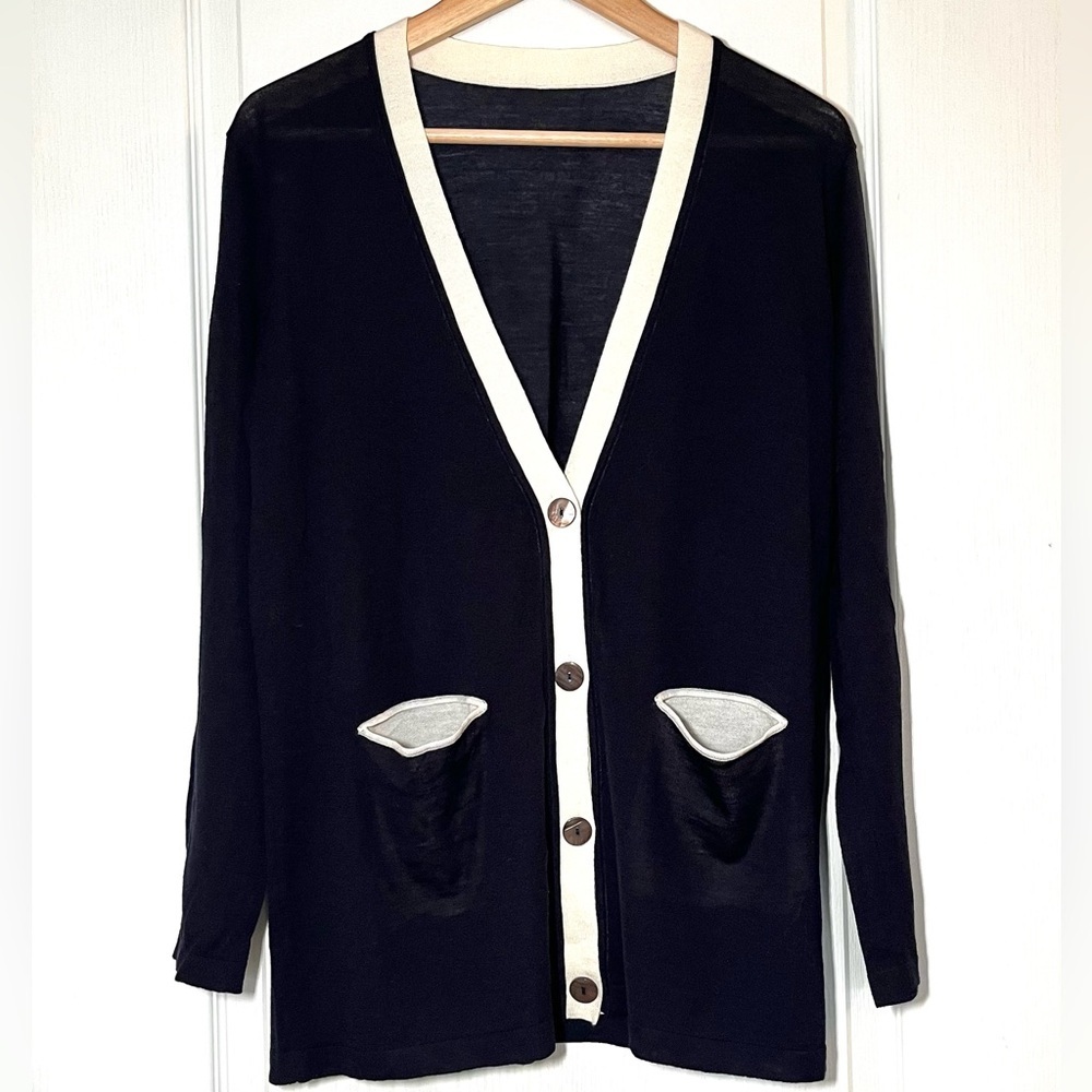 Amanda X 100% Sheep Wool Contrast Trim V-Neck Cardigan Size M Dark Navy